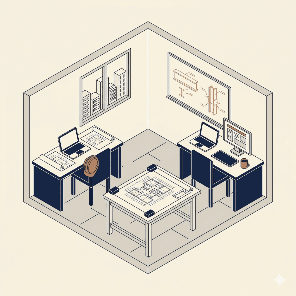 Axonometric illustration of a small engineering office with two desks, a shared worktable with drawings, and a whiteboard with structural diagrams