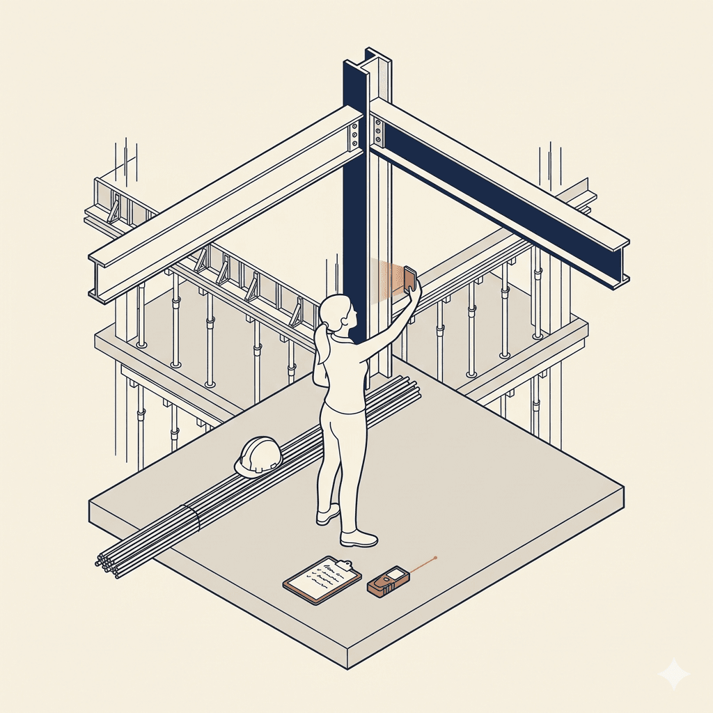 Axonometric illustration of an engineer photographing a steel beam connection on a construction site
