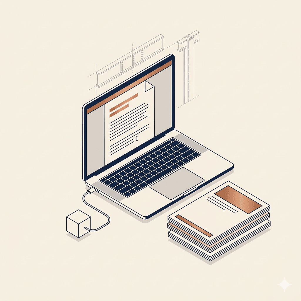 Axonometric illustration of a laptop generating a report with a stack of field review documents beside it