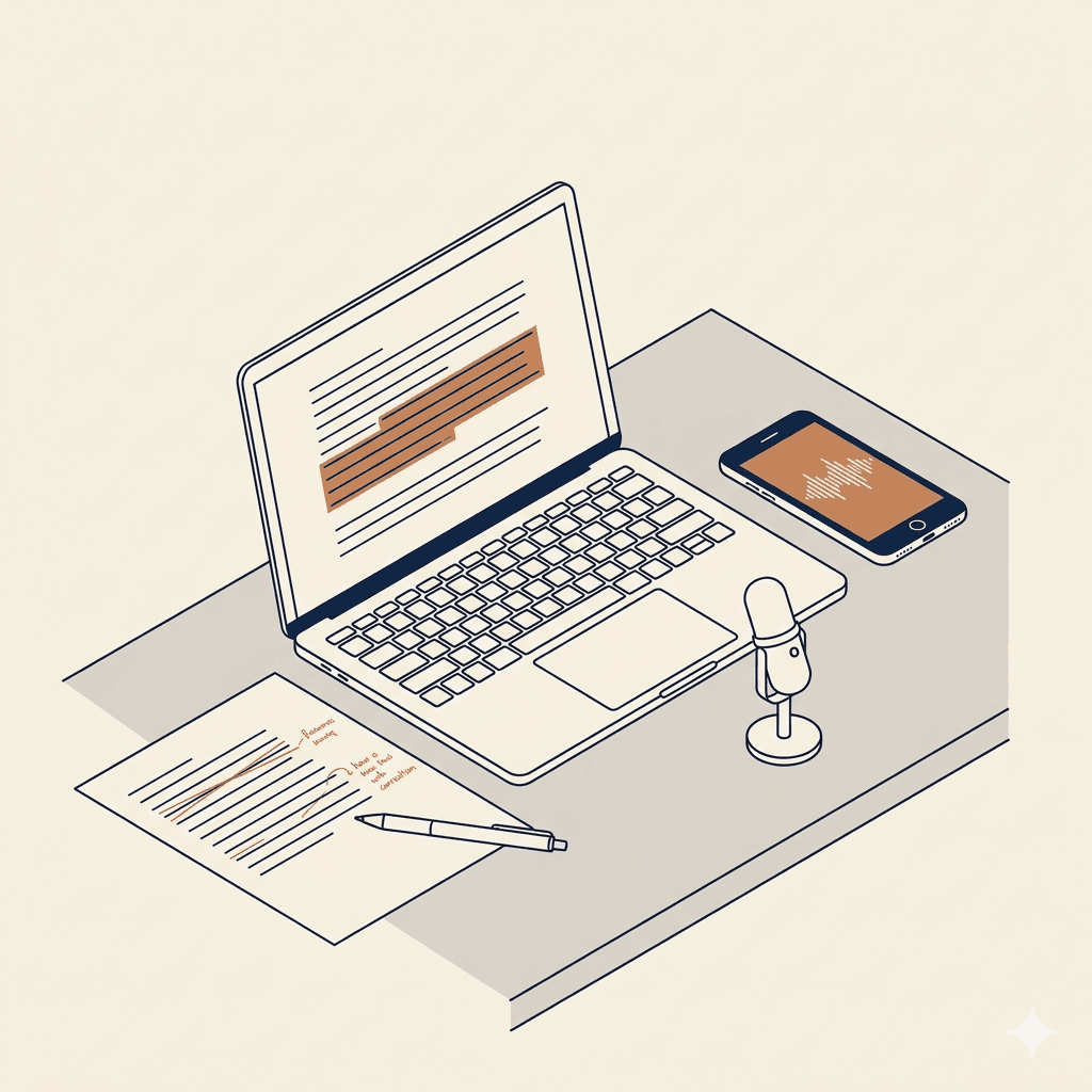 Axonometric illustration of a desk with a laptop showing a highlighted document edit, a phone with a voice waveform, and a desk microphone