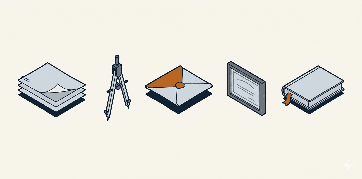 Axonometric illustration of five regulatory-practice objects evenly spaced: a stack of stapled regulatory papers, a drafting compass, a folded document with a copper wax seal, a framed professional license, and a book with a copper ribbon bookmark