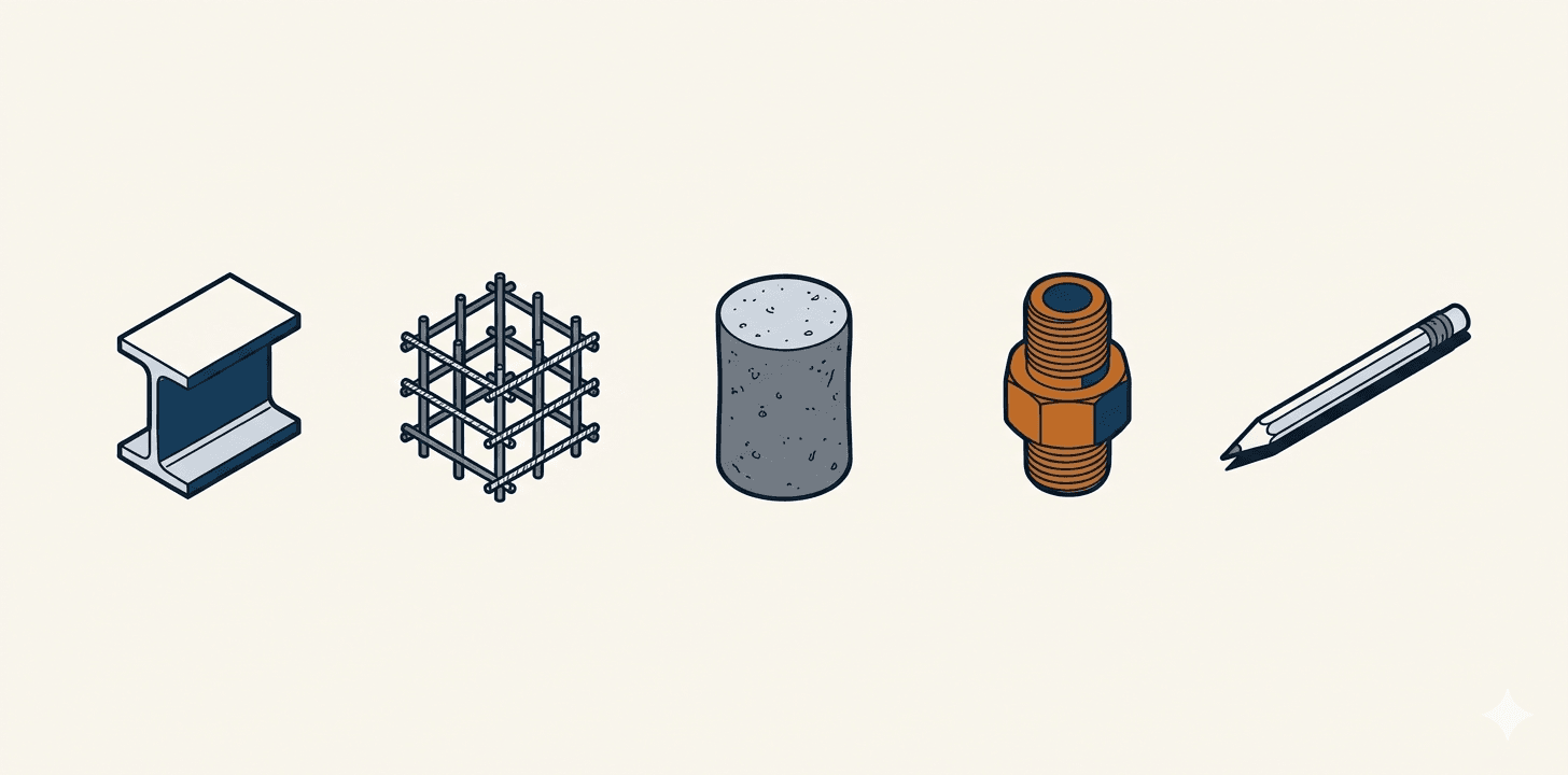 Axonometric illustration of five engineering objects evenly spaced: a steel I-beam section, a rebar cage cube, a concrete sample cylinder, a copper threaded connection, and a drafting pencil