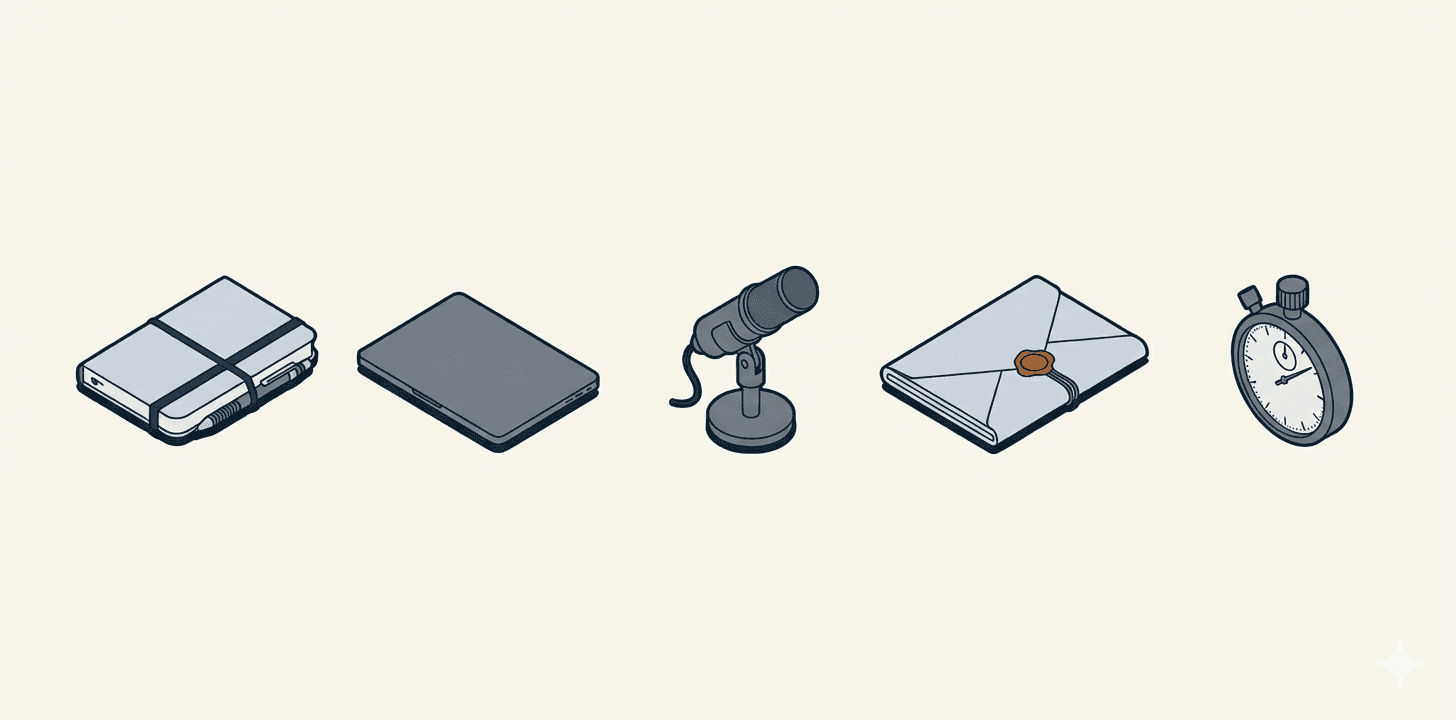 Axonometric illustration of five drafting-workflow objects evenly spaced: a field notebook bound with an elastic band, a closed laptop, a desk microphone on a short stand, a folded sealed report with a copper wax seal, and a mechanical stopwatch