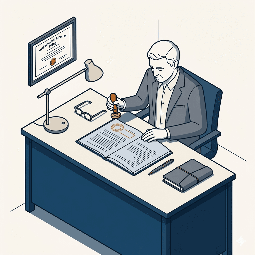 Axonometric illustration of a senior engineer at a desk holding a circular engineering seal above an open report, with a framed P.Eng license on the wall behind