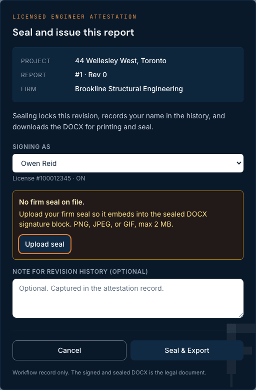 Fermito attestation modal naming the specific report about to be sealed, with Confirm and Cancel actions; the seal-ready document cannot download until Confirm is pressed.