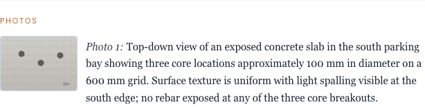 Fermito review surface showing the PHOTOS eyebrow, a thumbnail of a top-down concrete slab, and a structured Vision-generated caption describing the core locations and surface condition next to it.