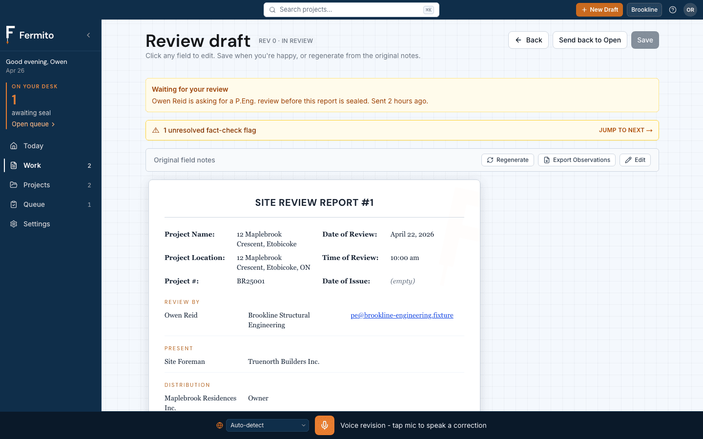 Fermito review surface showing a draft site review report with a fact-check flag card highlighting an unsupported company name
