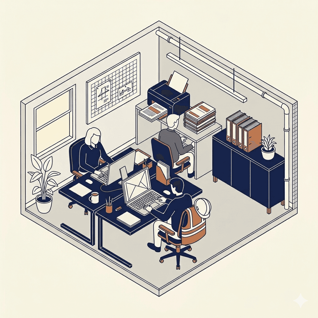 Axonometric illustration of a small engineering firm's office with three desks, a shared printer, and project binders