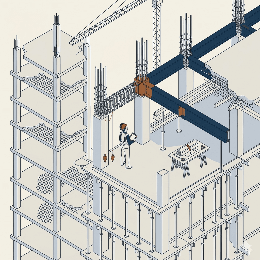 Axonometric illustration of a concrete building under construction with an engineer conducting a field review