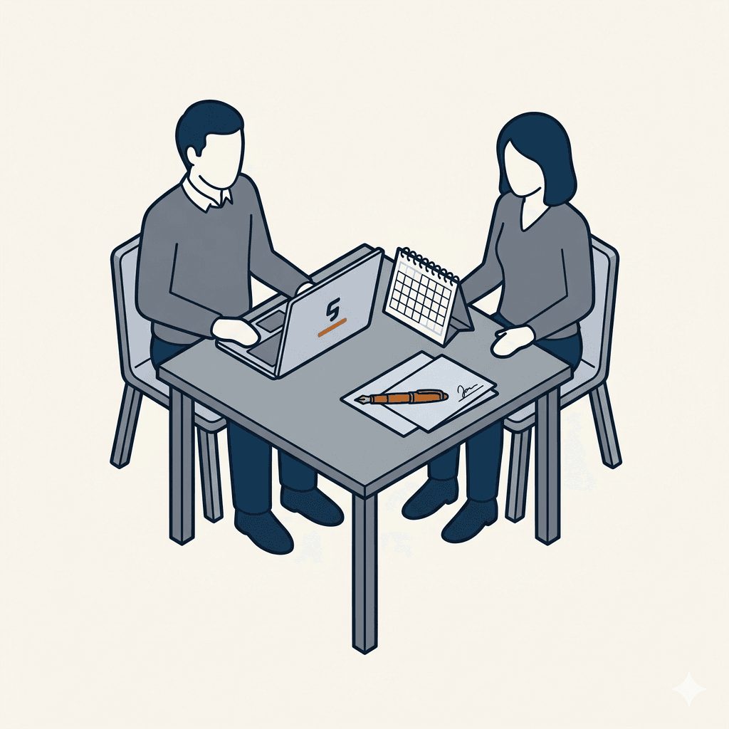 Axonometric illustration of a principal and firm admin seated across a meeting table reviewing a laptop billing summary, with a calendar of unmarked days and a copper fountain pen on a signed contract