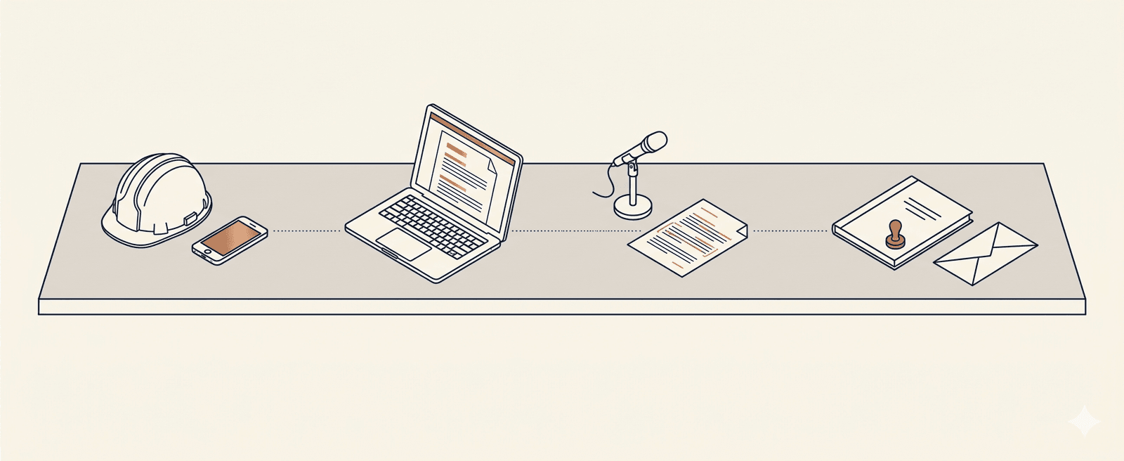 Axonometric illustration of the four-step Fermito workflow: hard hat and phone for capture, laptop for generate, microphone for revise, sealed report for export