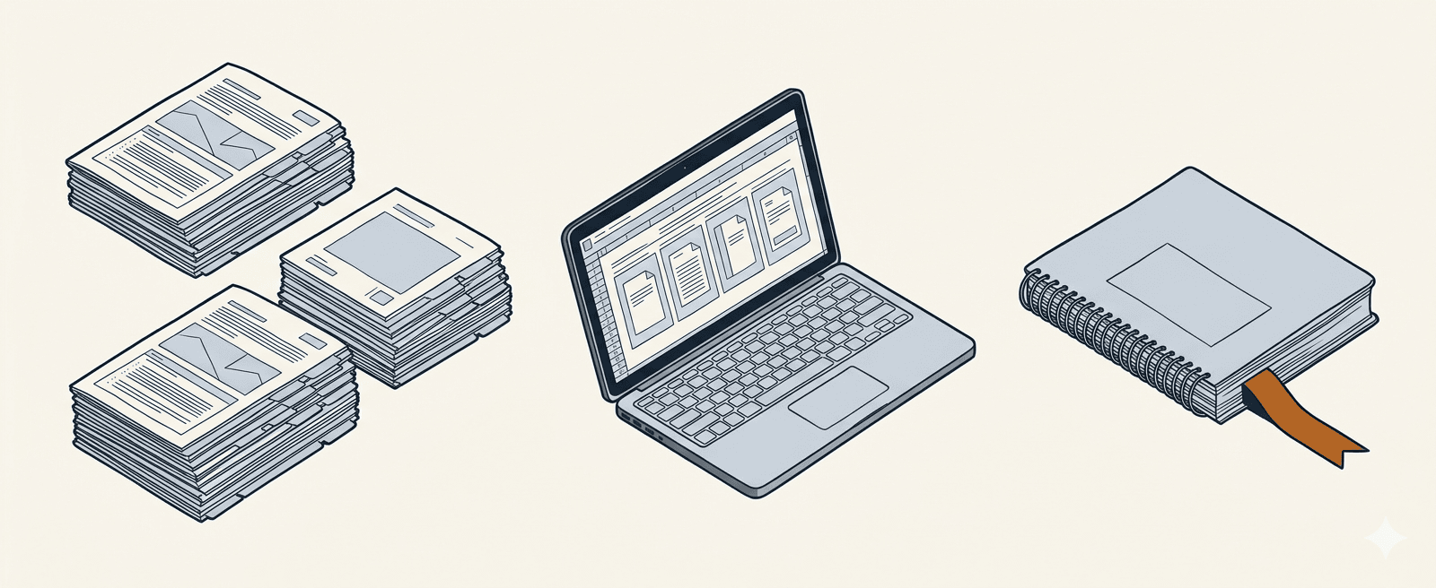 Axonometric illustration of a reference library: stapled technical articles, a laptop showing template thumbnails, and a spiral-bound insights report with a copper ribbon bookmark