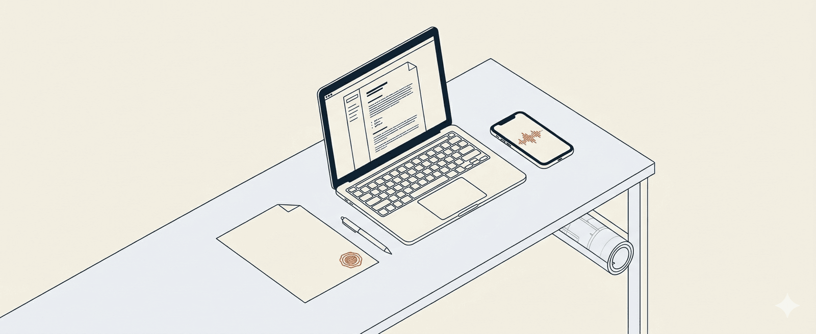 Axonometric illustration of an engineer's desk with a laptop showing a draft report, a phone displaying a voice waveform, and a sealed document