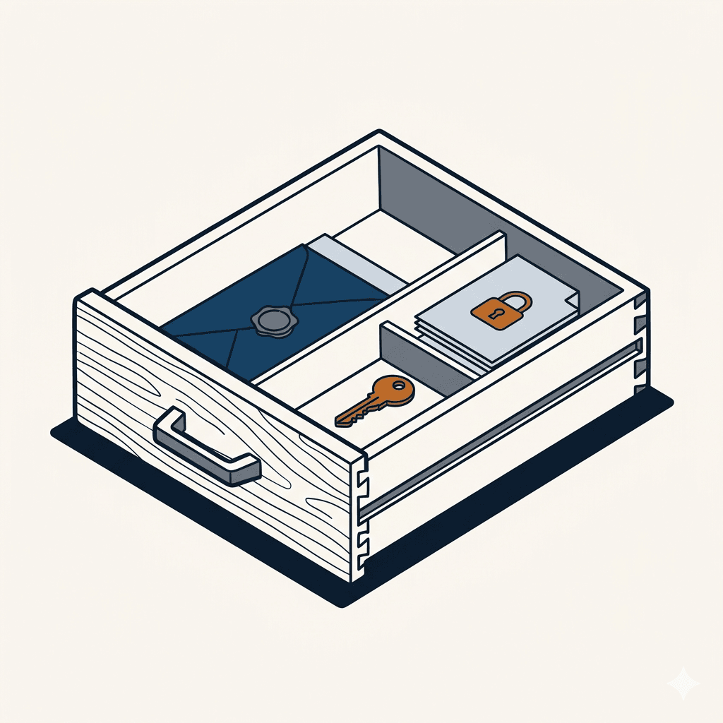 Axonometric illustration of a craft wooden drawer with three compartments holding a sealed report, a brass key, and a document with a copper padlock motif