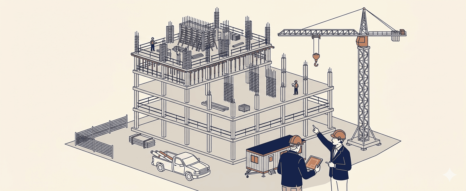 Sealed Structek site review report - axonometric illustration of a multi-story concrete building under construction with engineers reviewing the site