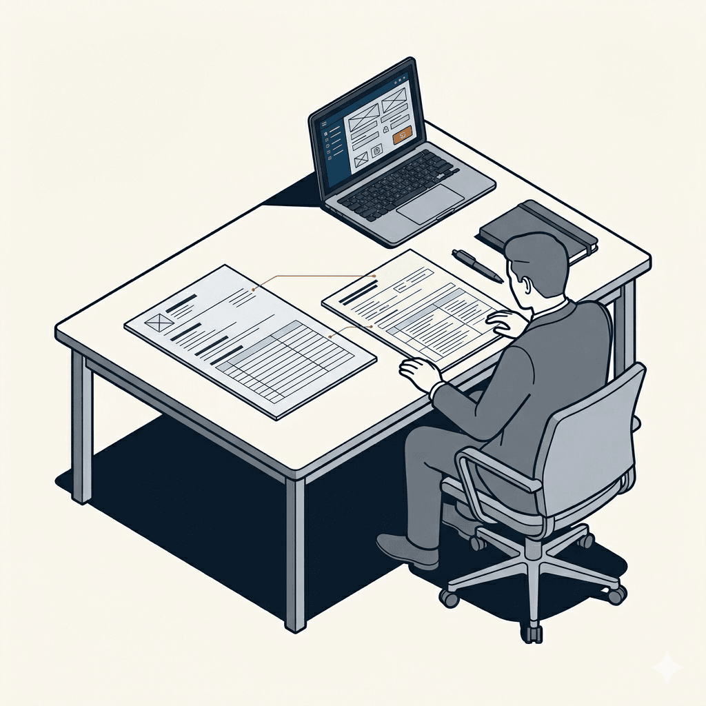 Axonometric illustration of an engineer comparing a blank firm template document with a completed Fermito draft report on a desk, with a laptop showing a settings screen with a copper save button
